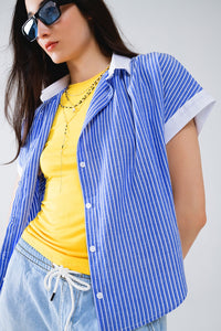 Camisa azul com mangas curtas e riscas verticais