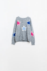 camisola cinzenta com estrelas bordadas