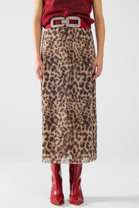 Q2 saia midi comprida com estampado de leopardo