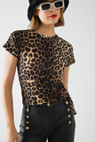 T-shirt em spandex com estampado de leopardo e pormenor de laço