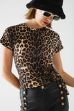 Q2 T-shirt em spandex com estampado de leopardo e pormenor de laço