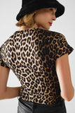 T-shirt em spandex com estampado de leopardo e pormenor de laço