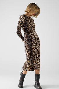 Q2 Vestido em spandex com estampado de leopardo e pormenor de pregas na cintura