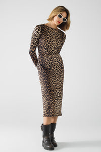 Vestido em spandex com estampado de leopardo e pormenor de pregas na cintura