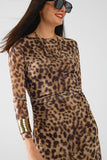 vestido midi de manga comprida com estampado de leopardo