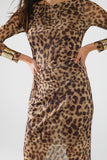 vestido midi de manga comprida com estampado de leopardo