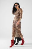 vestido midi de manga comprida com estampado de leopardo